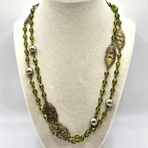 VINTAGE 2028 Green Glass Bead Necklace Gold Tone Filigree Victorian Style